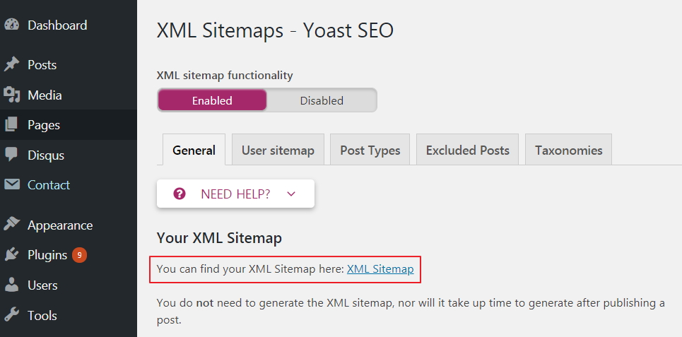 XML Sitemap 을 클릭하면 Yoast 에서 생성한 사이트맵으로 이동